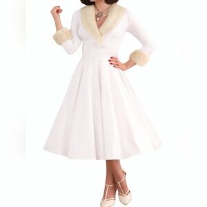 Elegant White Faux Fur Trim Midi Dress